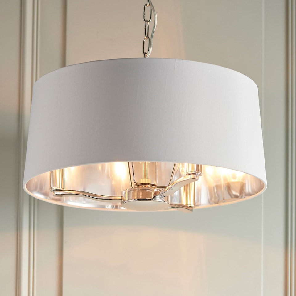image 1 of Harvey Multi Arm Cylindrical Pendant Light Bright Nickel Plate, Vintage White Fabric