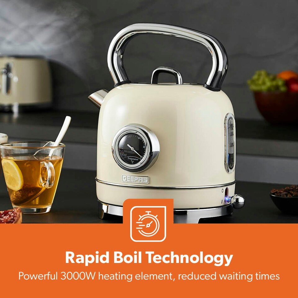 image 1 of GEEPAS Electric Kettle | Vintage Cordless Stainless Steel 1.8L, 3000W Retrovive Cream
