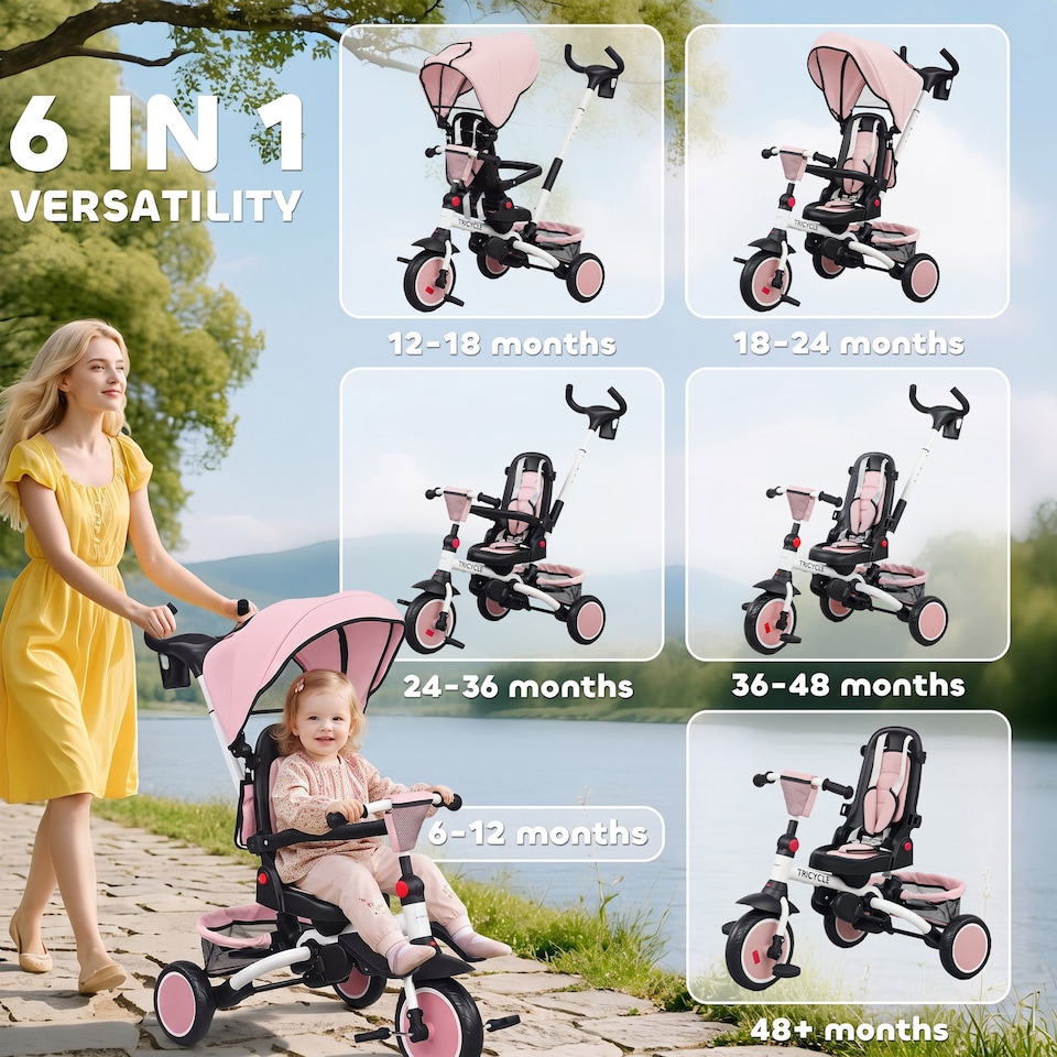 image 1 of AIYAPLAY Kids Trike, Toddler Tricycle 6 in 1 Foldable Baby Trike with Adjustable Parent Handle & Canopy, Convertible Seat, 5-Point Harness, Storage Basket & Bag for Ages 1-5 Years, Pink