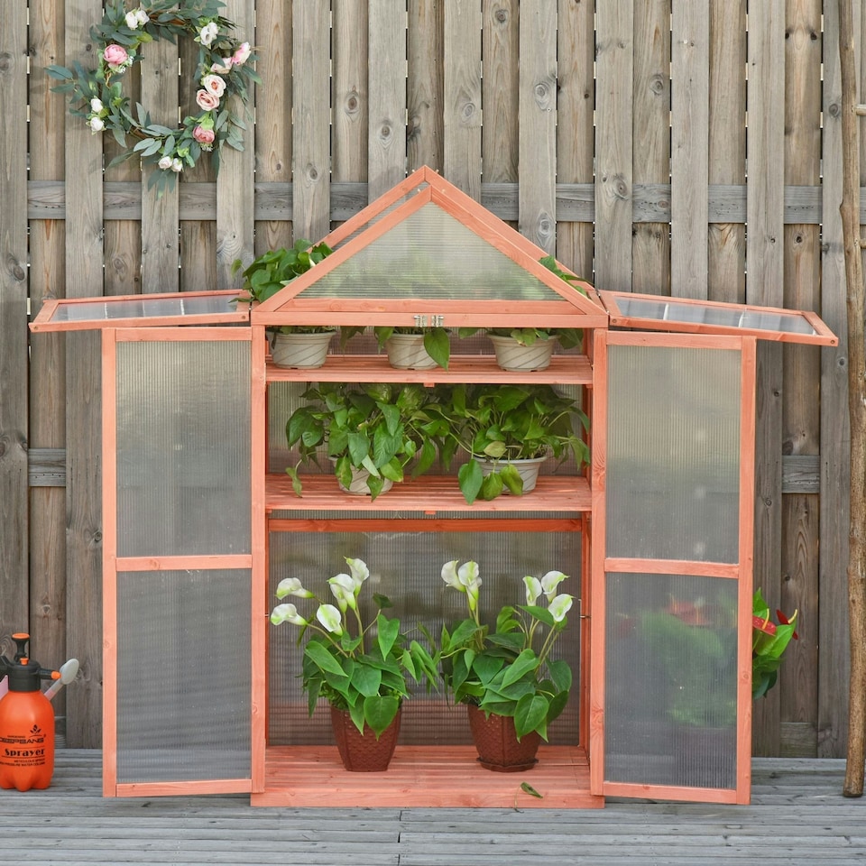 image 1 of Outsunny 80x47x138cm Wood Cold Frame Greenhouse for Plants PC Board Orange