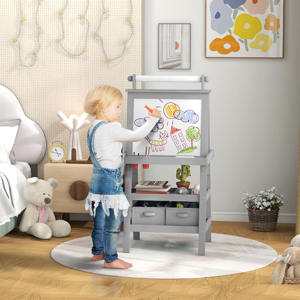 image 1 of AIYAPLAY Art Easel for Kids with Paper Roll, 3 in 1 Kids Easel Double-Sided Magnetic Whiteboard and Chalkboard with Storage Baskets, for Children 3-6 Years | Grey | Grey