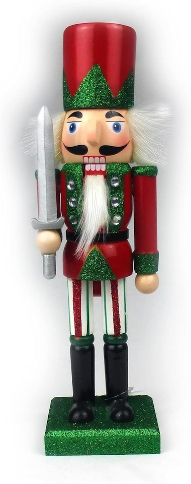 image 1 of 25cm Red Green Wooden Nutcrackers Soldiers King Drummer Christmas Ornament 4pcs Set