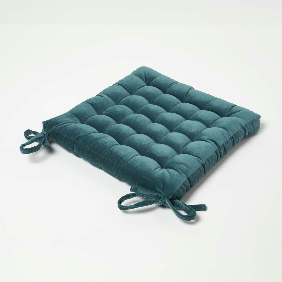 image 1 of Homescapes Seat Pad Luxury Cotton Velvet Indoor Outdoor Garden Dining Cushion | Green | 40 x 40 cm | 1