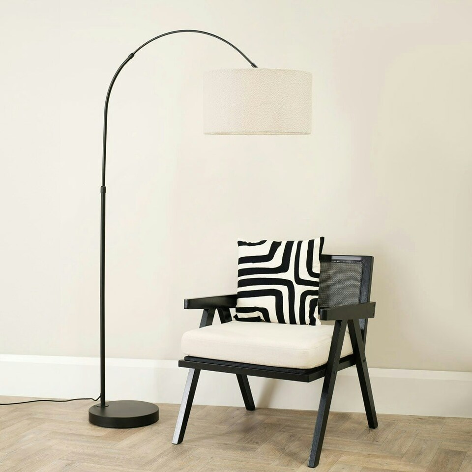 image 1 of ValueLights Louis Black Arched Curved Floor Lamp with Cream Boucle Drum Lamp Shade