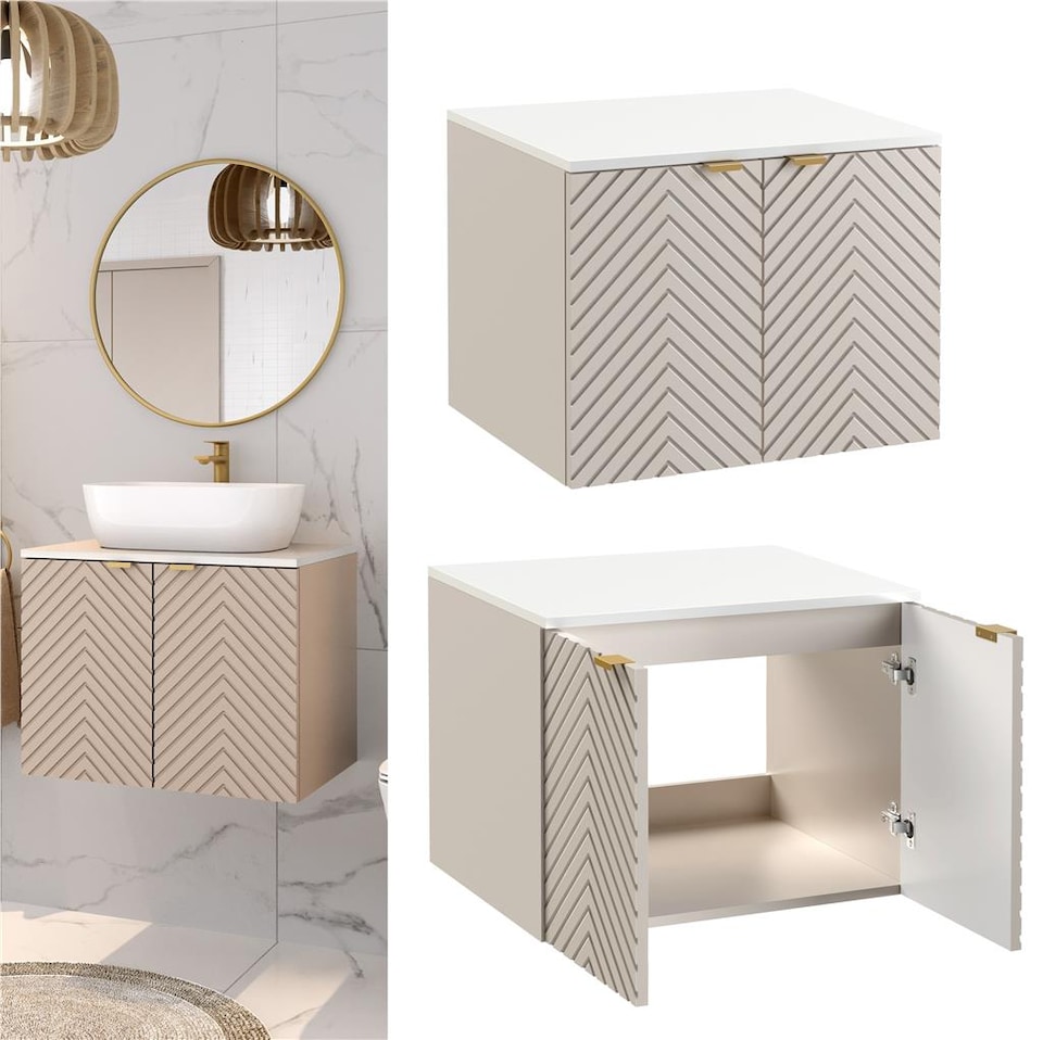 image 1 of Wall Hung Vanity Unit 600mm Bathroom Cabinet Ribbed Beige White Countertop Cara