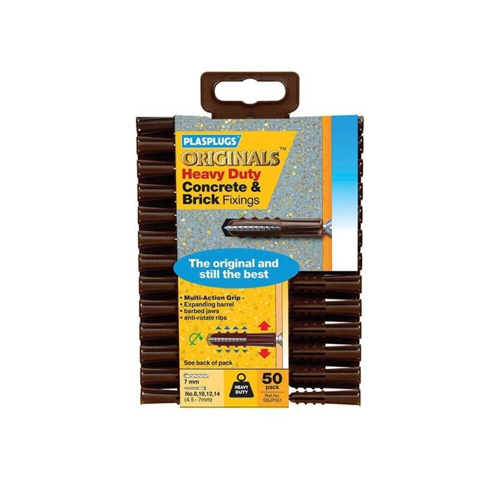 Plasplugs Heavy-duty Concrete & Brick Fixings - Brown - Pack of 50