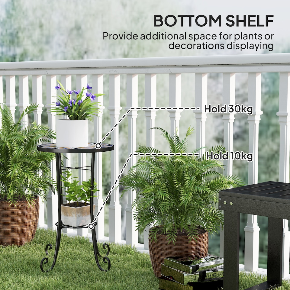 image 1 of Outsunny Mosaic Garden Table, 35.5 cm Round Outdoor Table with Shelf, Ceramic Tile Top, Small Garden Side Table Bistro Table End Table Plant Stand for Indoor, Patio, Balcony, Orange | Orange | Orange