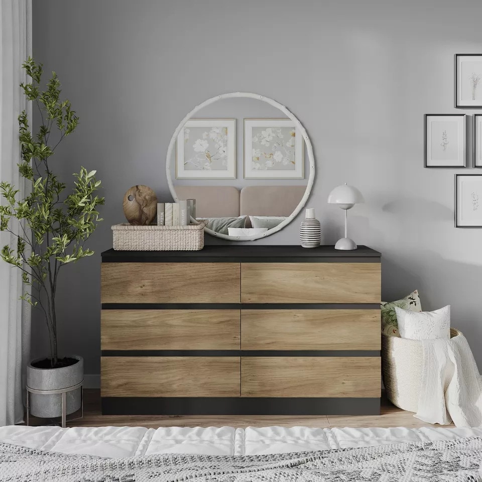 image 1 of Minimalist Chest of 6 Drawers - 68.6x120x35cm | Black | Black & Oak | 1