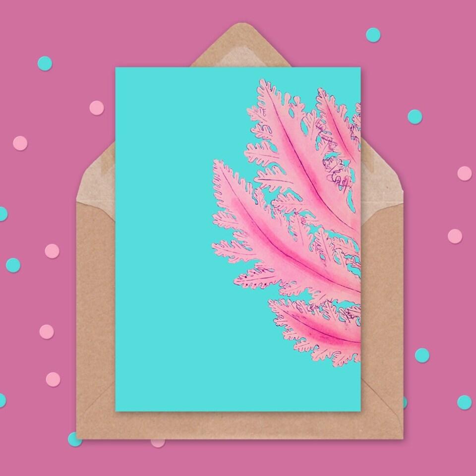 image 1 of Turquoise Sea Ocean Marina Plant Pink Art Card