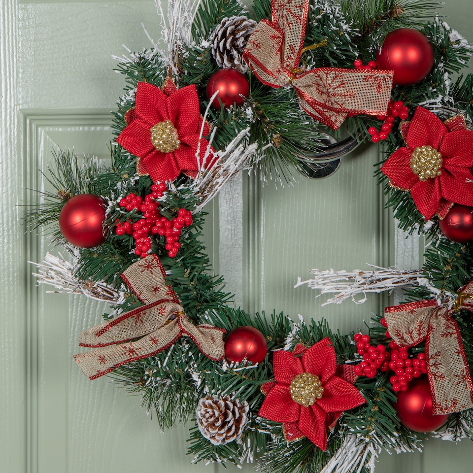 image 1 of Premier 40cm Christmas Red Dressed Festive Wreath With Baubles Bows And Pinecones