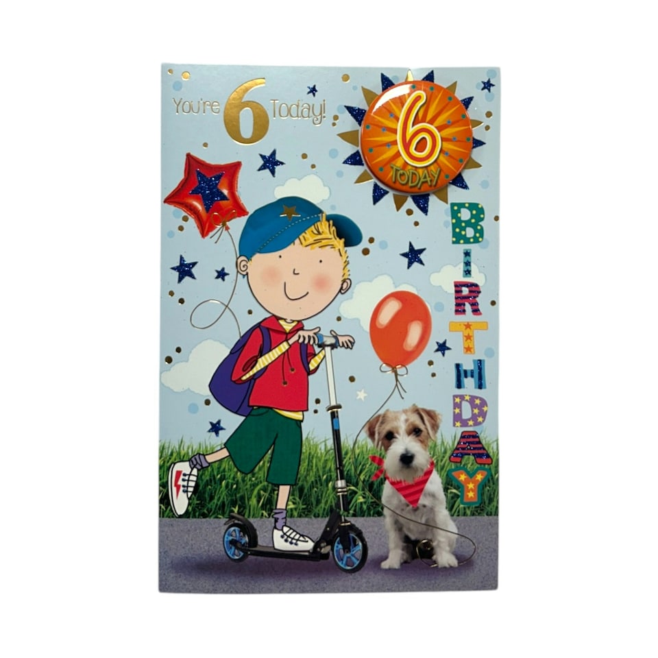 image 1 of Age 06 Boy Riding A Scooter Juvenile Birthday Card With Badge
