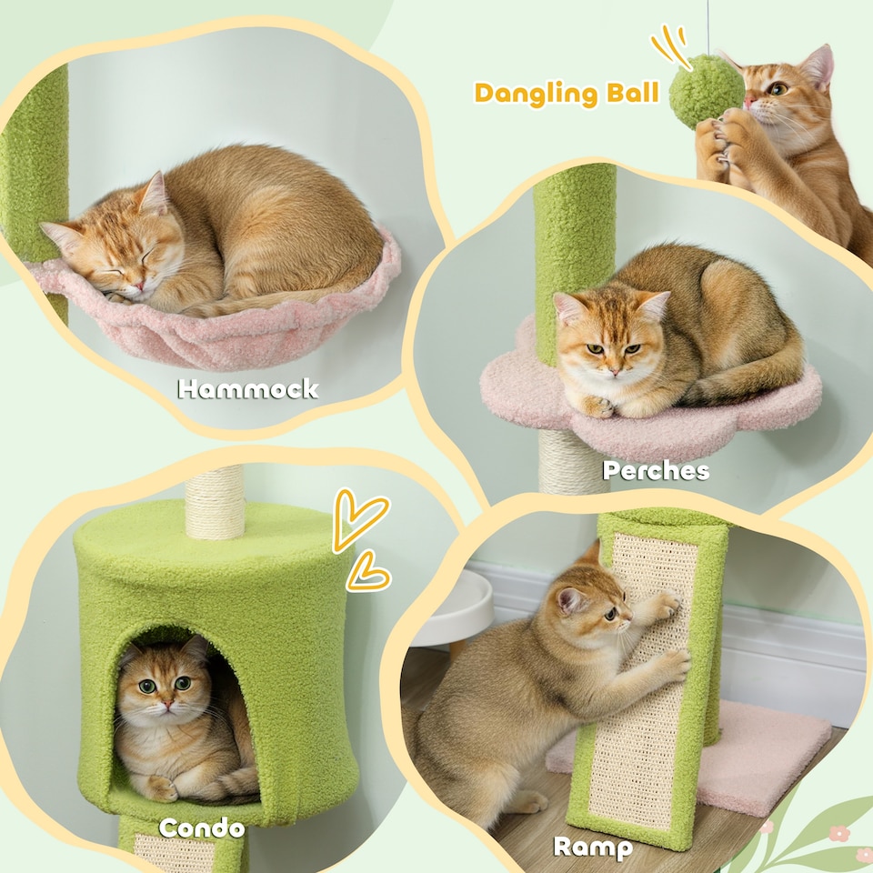 image 1 of PawHut Floor to Ceiling Cat Tree, 5-Tier Flower Cat Tower Adjustable Height 220-240 cm with Hammock, Condo, Scratching Posts, Ramp, Perches, Kitty Activity Centre for Indoor Kittens, Green