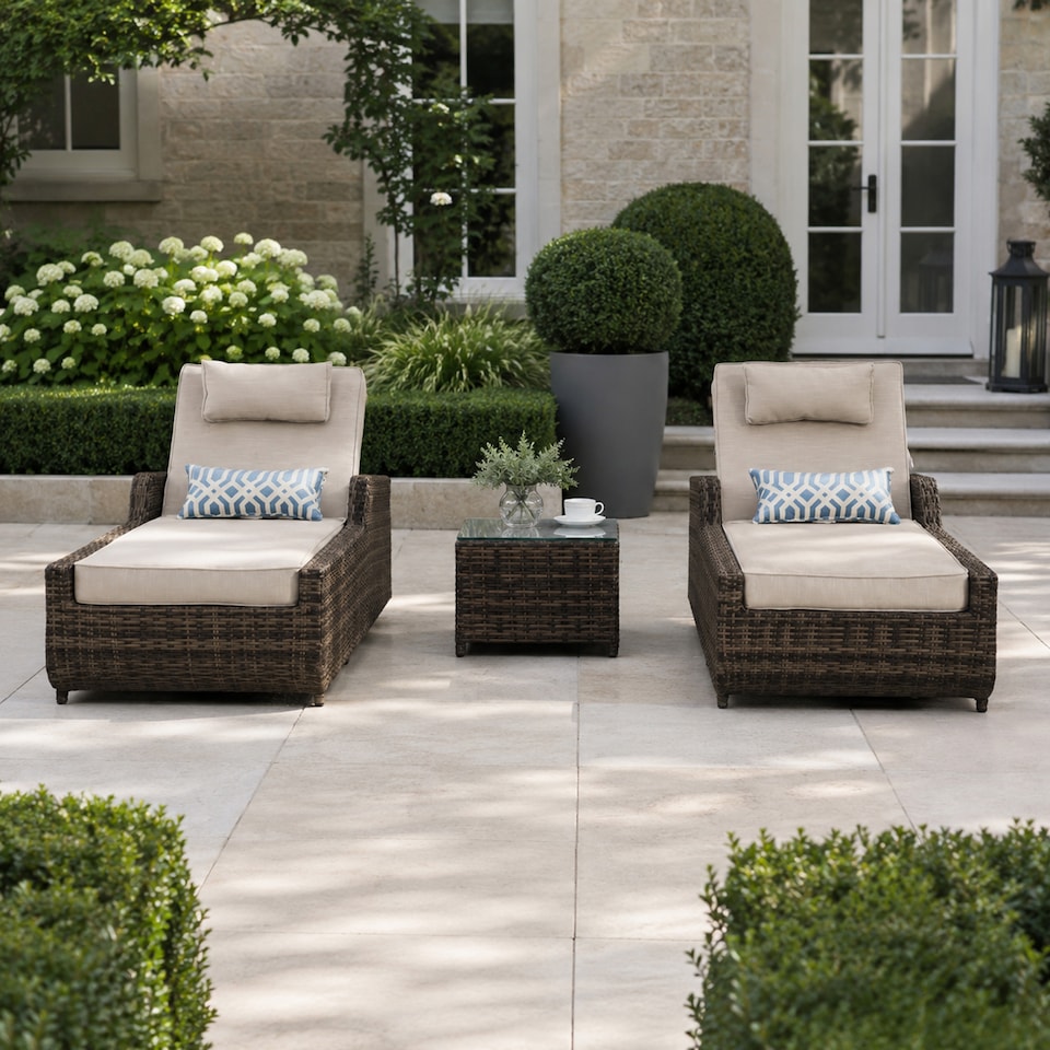image 1 of Direct Wicker Adjustable Sun Lounge with Side Table – 5‑Position Recliner and Glass‑Top Side Table