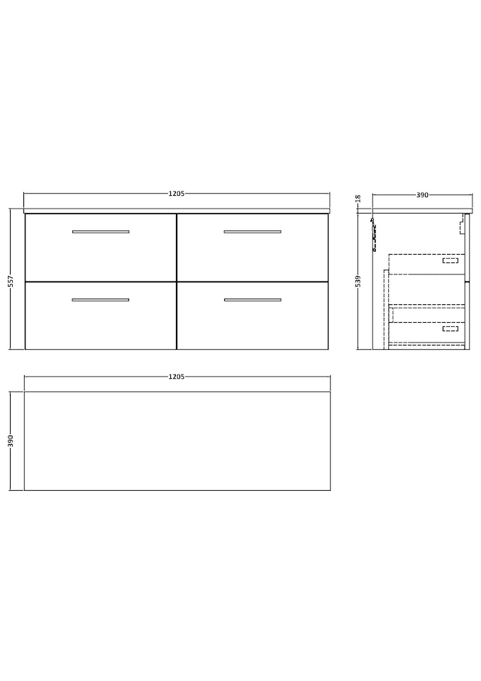 image 1 of Level 1200mm Wall Hung 4 Drawer Unit, Worktop Charcoal Black Woodgrain