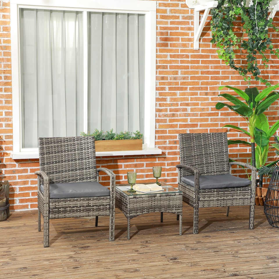 image 1 of Outsunny 3PC Garden Rattan Bistro Set with Glass Top Table, Mixed Grey