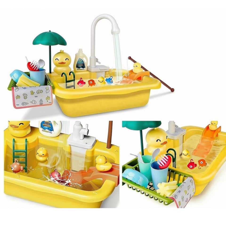 image 1 of Kids Kitchen Duck Sink Play Set - Pretend Play Washing Station with Running Water Faucet, Floating Accessories, Slide & Dishwashing Tools, Educational Role-Play Toy for Children Ages 3+
