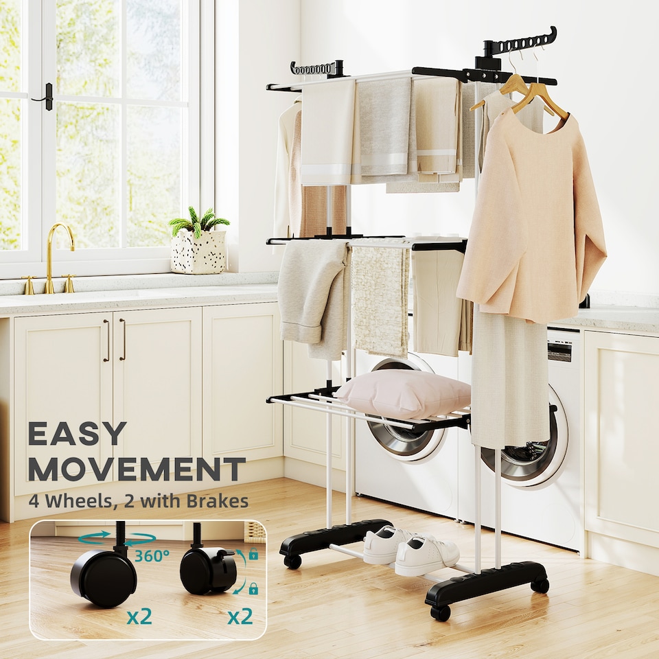 image 1 of HOMCOM Foldable Clothes Drying Rack Steel Garment Dryer with Casters Black