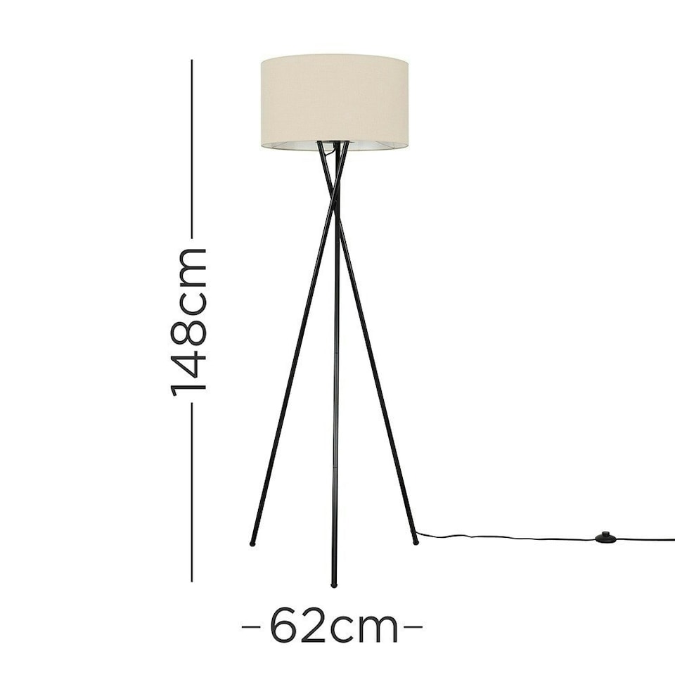 image 1 of ValueLights Camden Black Tripod Floor Lamp and Natural Drum Shade Cream