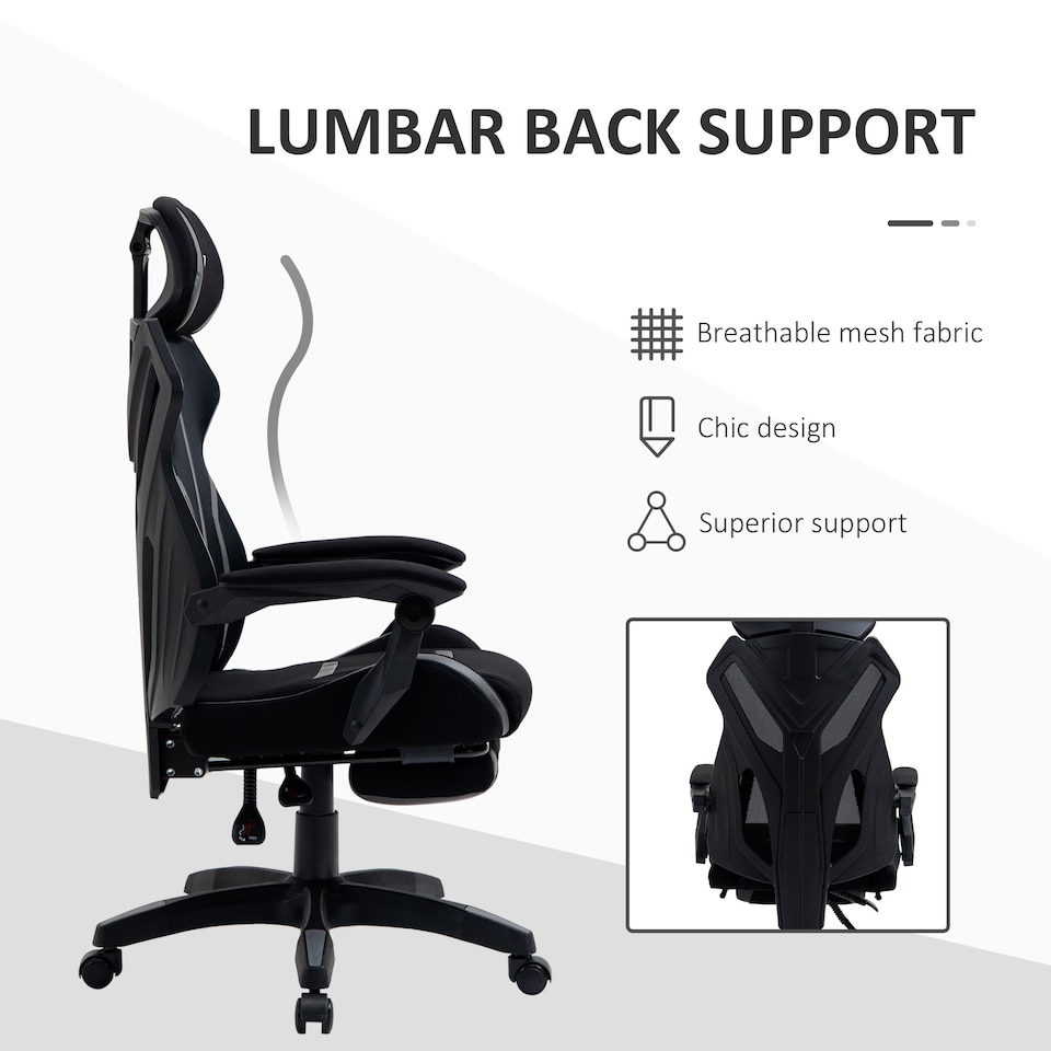 image 1 of Vinsetto Mesh Office Chair Desk Task Computer Recliner with Footrest, Lumbar Back Support, Swivel Wheels, Adjustable Height for Home, Black Grey