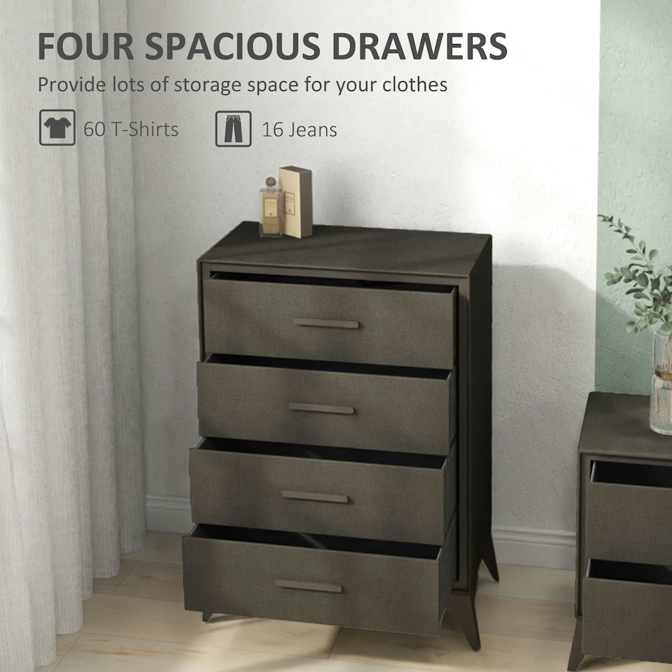 image 1 of HOMCOM 4 Drawer Chest of Drawers, Fabric Dresser with Steel Frame, Brown