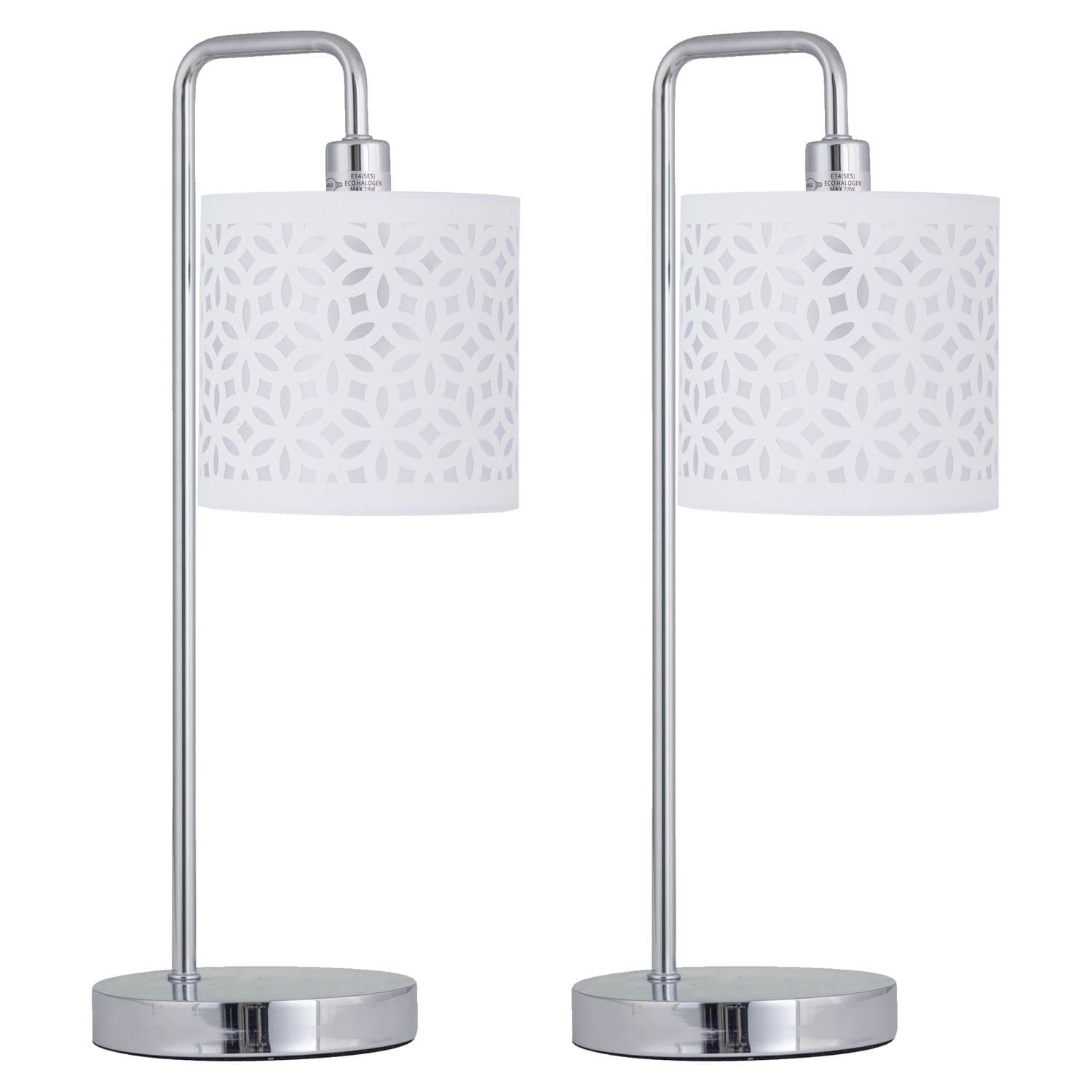 First Choice Lighting Set of 2 Chrome Arched Table Lamps with White Laser Cut Shades in Silver