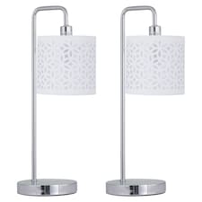 Set of 2 Chrome Arched Table Lamps with White Laser Cut Shades | Chrome | White | Large | 2