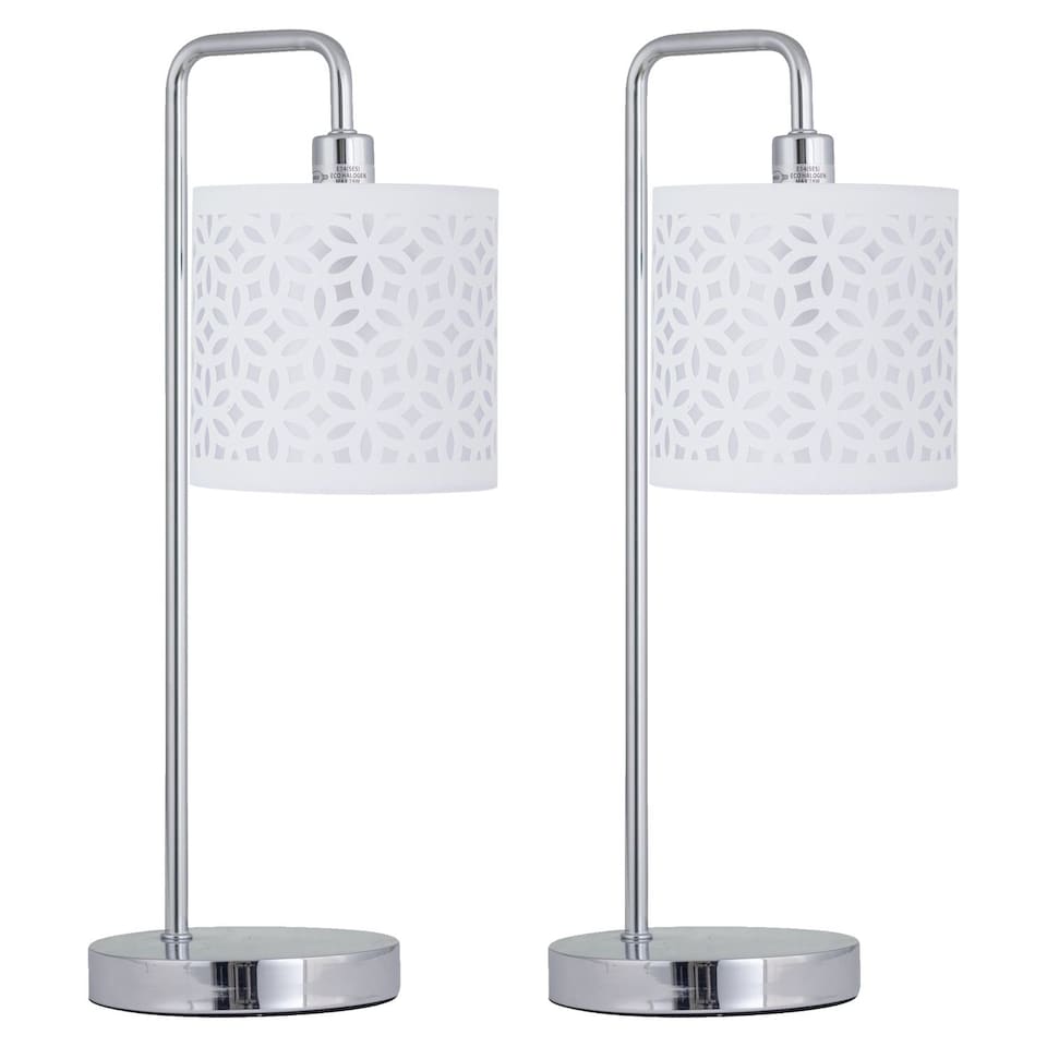 image 1 of Set of 2 Chrome Arched Table Lamps with White Laser Cut Shades | Chrome | White | Large | 2