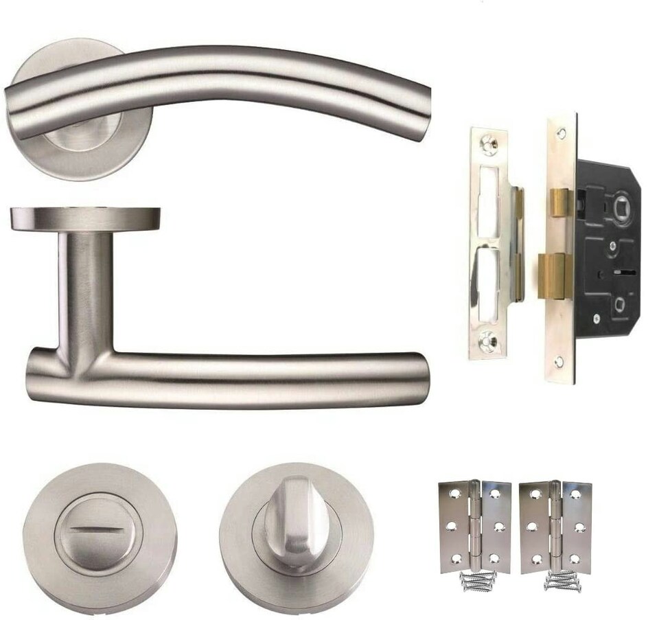 image 1 of Golden Grace Arched T-Bar Bathroom Door Handles Lever on Round Rose in Satin Nickel Finish with 1 Pair of 3" Butt Hinges | Grey | 1 Set