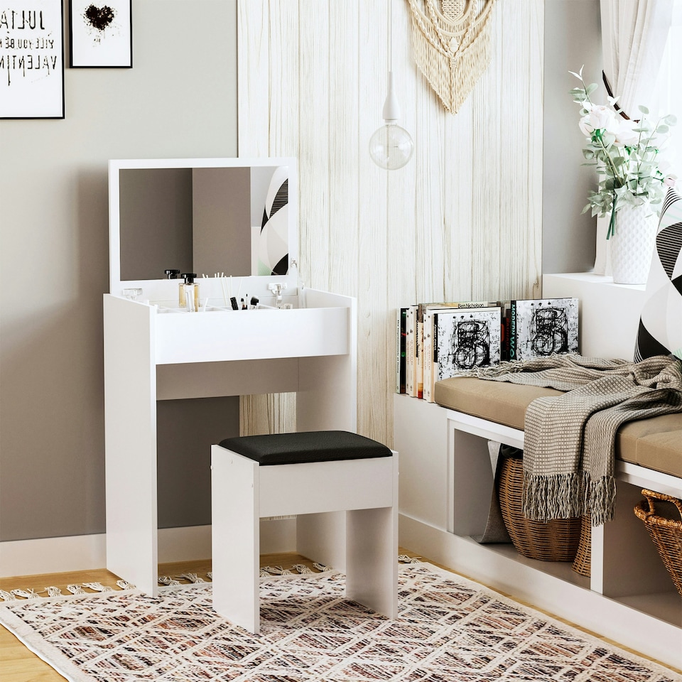 image 1 of HOMCOM Dressing Table Set Padded Stool with Flip-up Mirror Multi-purpose - White