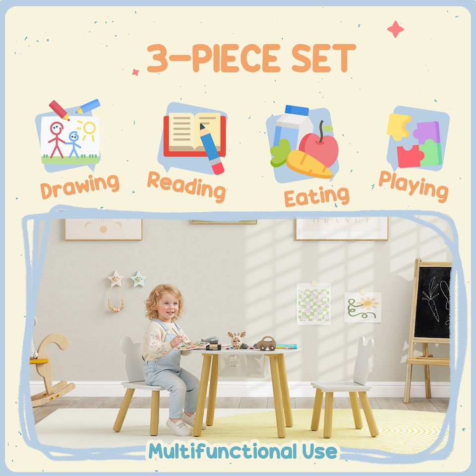 image 1 of AIYAPLAY 3 Pieces Toddler Table and Chair Set w/ Centre Mesh Bag, White