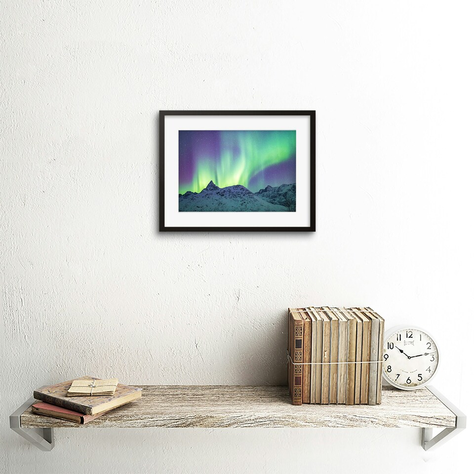 image 1 of Aurora Borealis Arctic Snowy Mountains Landscape 9x7" Black Framed Wall Art Print