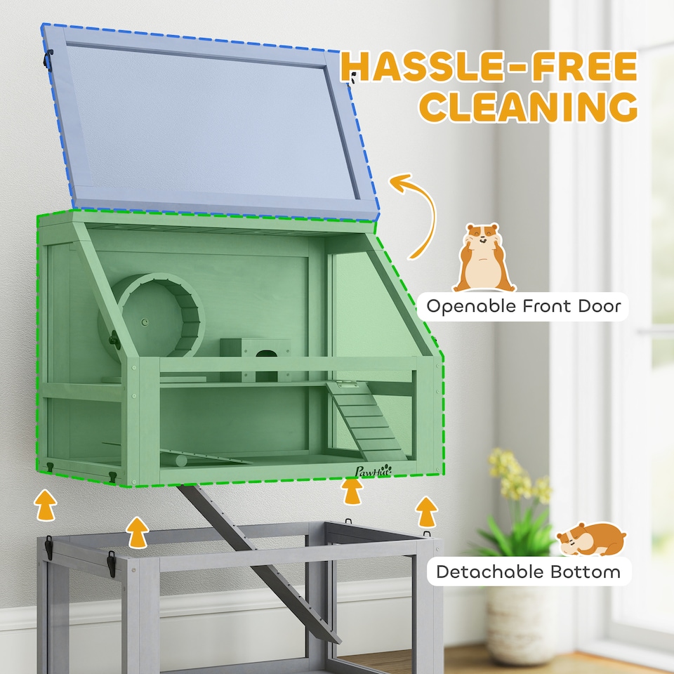 image 1 of PawHut Wooden Hamster Cage, 3 Tier Gerbil Cage with Detachable 32cm Deep Bottom, Hut, Seesaw, Exercise Wheel, Ramps, Light Grey