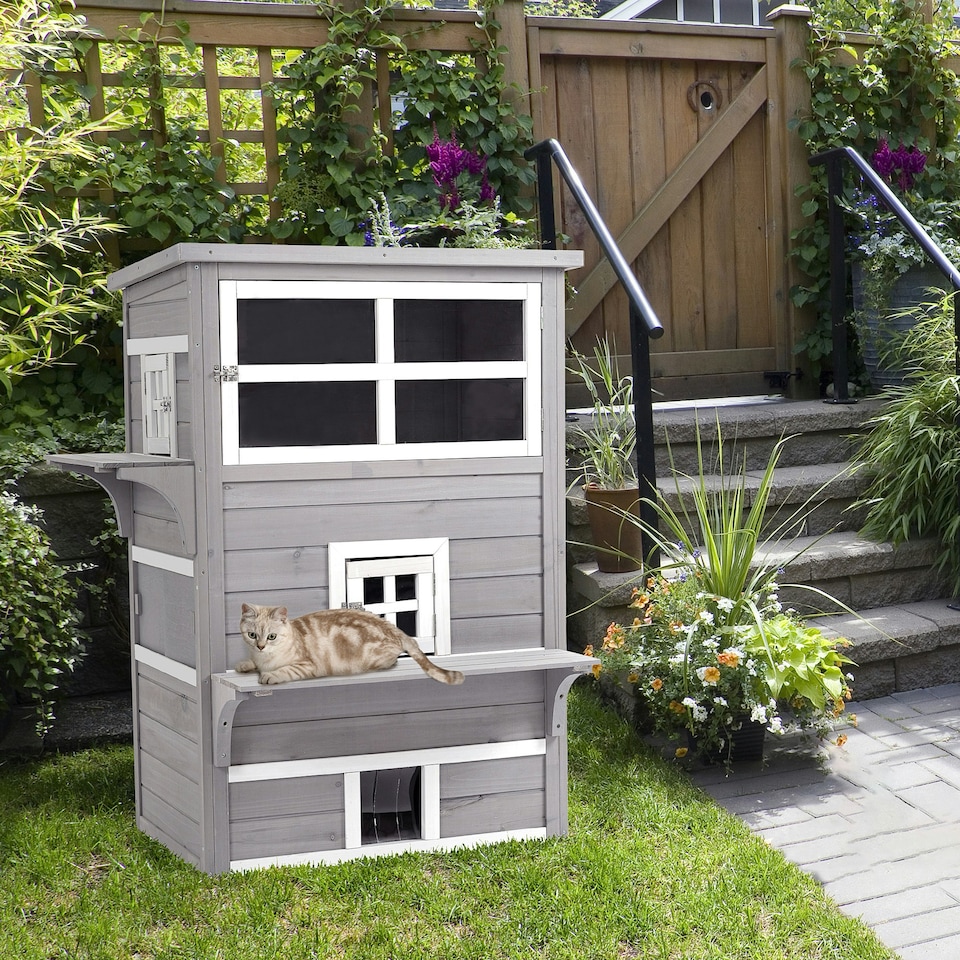image 1 of PawHut 3-Tier Wooden Kitten Shelter for Indoor, Outdoor - Grey