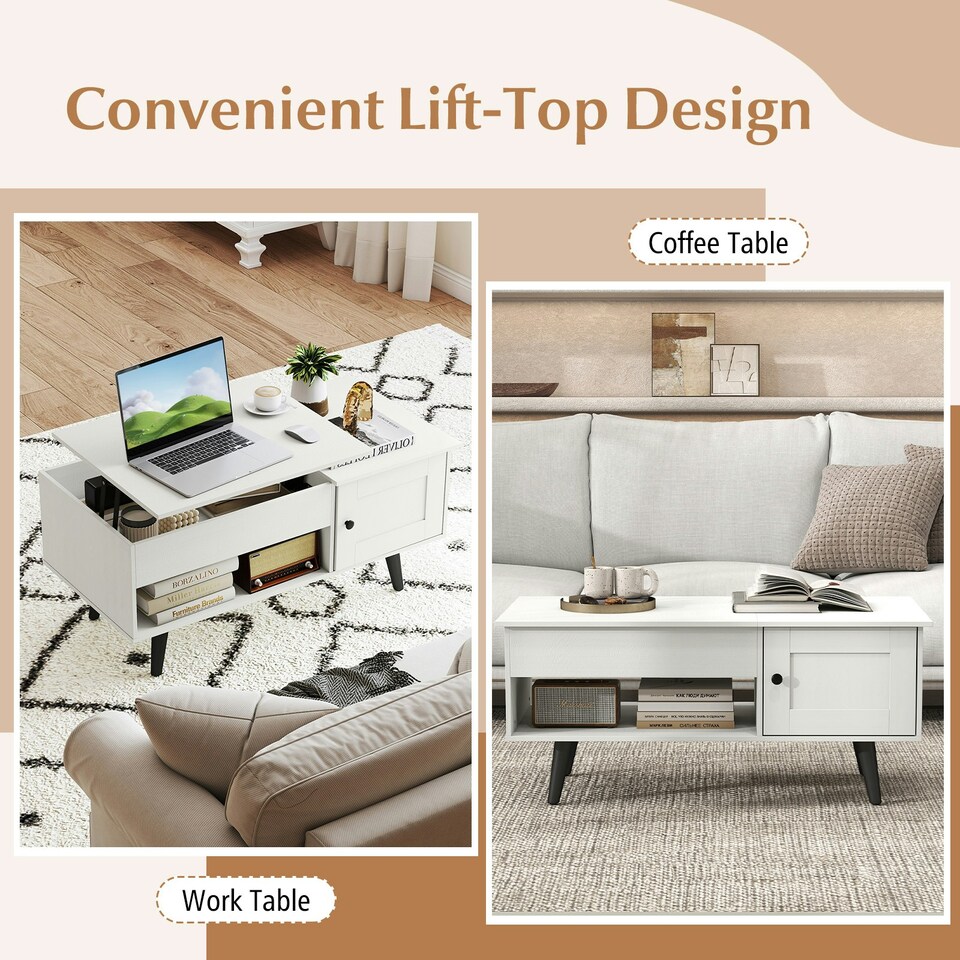 image 1 of COSTWAY Lift Top Coffee Table w/Hidden Compartment White White