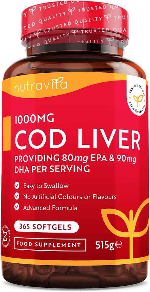 image 1 of Nutravita Cod Liver Oil 1000mg - Omega 3, Vitamins A, D, E & Garlic Oil - Supports Heart & Brain Health - 365 Fish Oil Softgels - Made in The UK