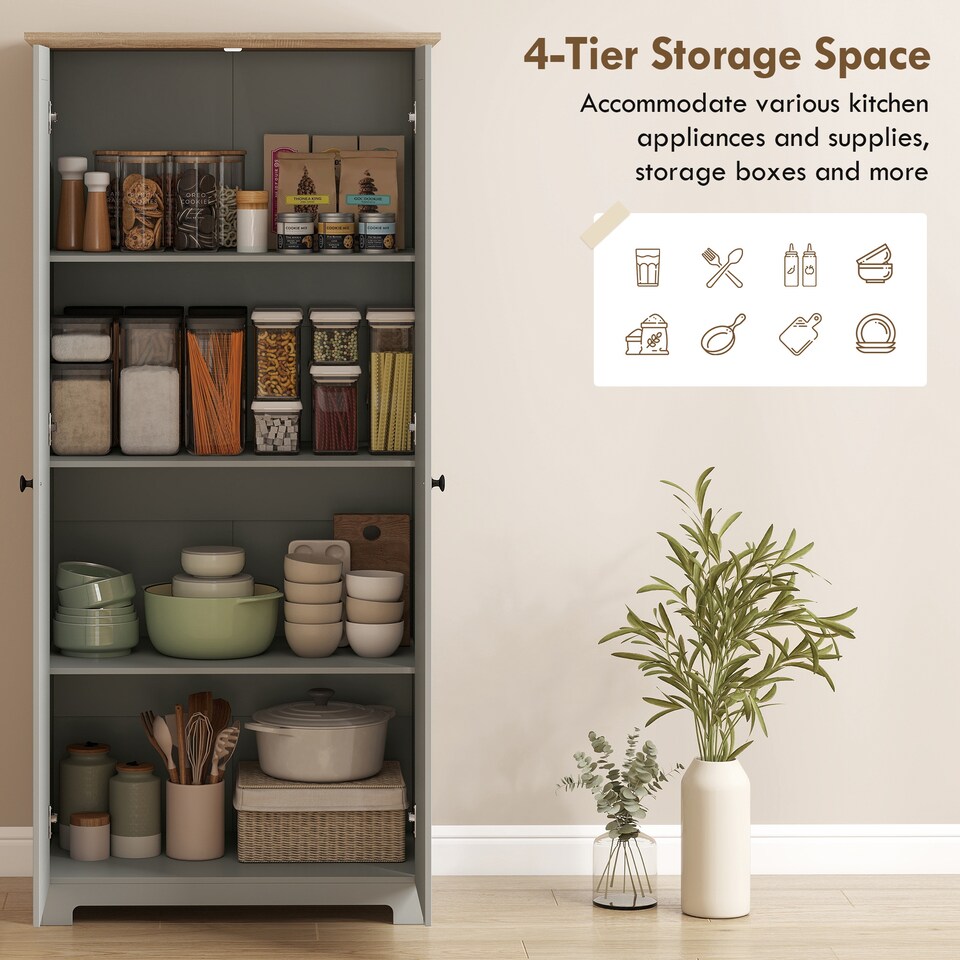 image 1 of HOMCOM 172cm Wooden Storage Cabinet Cupboard With 4 Shelves | Grey | Grey | 80 x 48 x 172 cm
