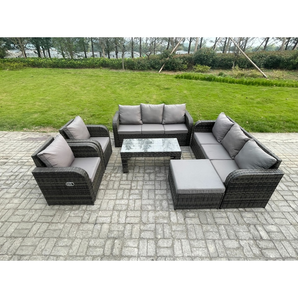 image 1 of Fimous 9 Seater High Back Rattan Garden Furniture Set with Reclining Chair Rectangular Coffee Table Big Footstool Indoor Outdoor Patio Lounge Sofa Set Dark Grey Mixed