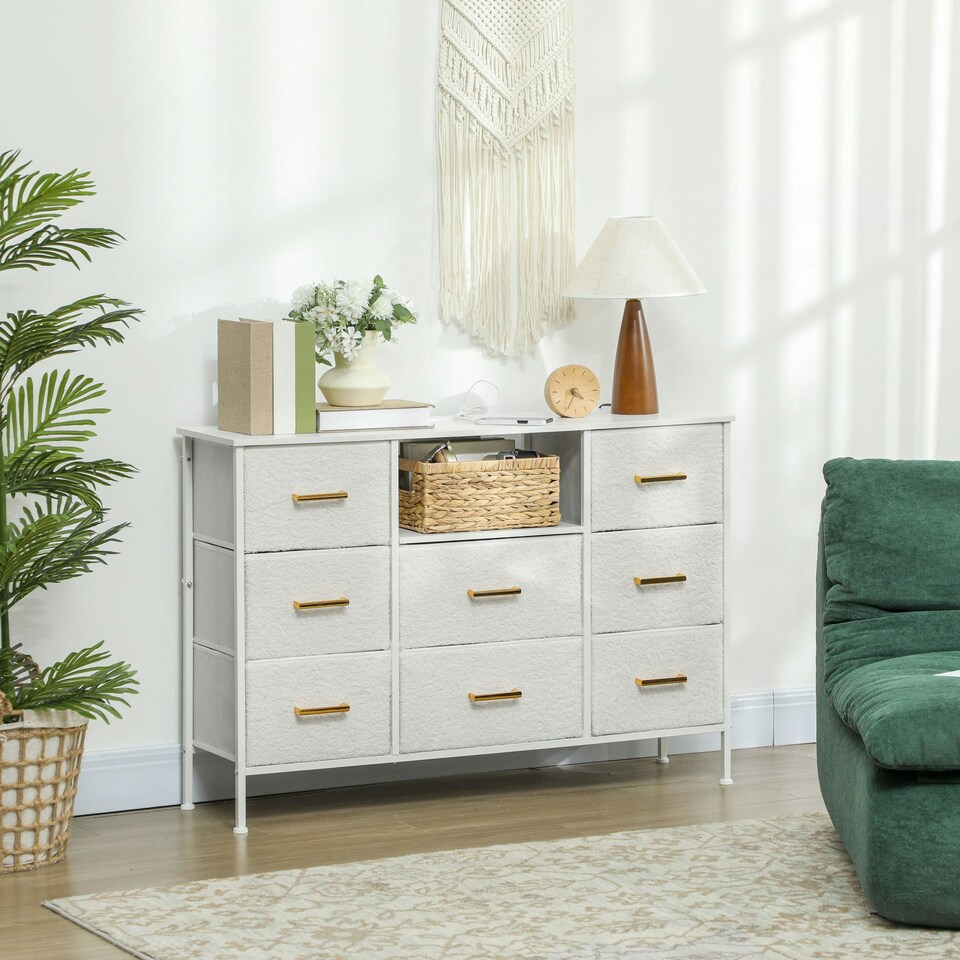 image 1 of HOMCOM Boucle Chest of Drawers, 2 USB & 2 AC Ports, 8 Drawers Dresser Cream