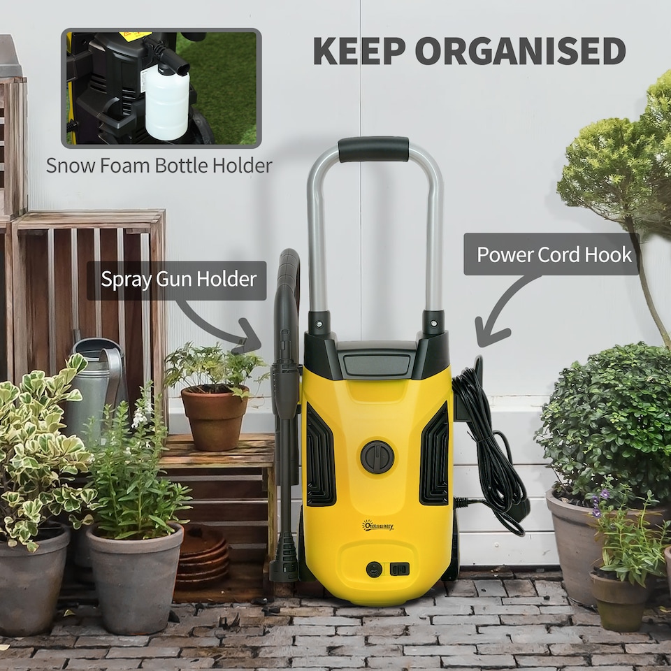 image 1 of Outsunny 1800W Power Washer 150 Bar Pressure with Adjustable Nozzle, Yellow | Yellow