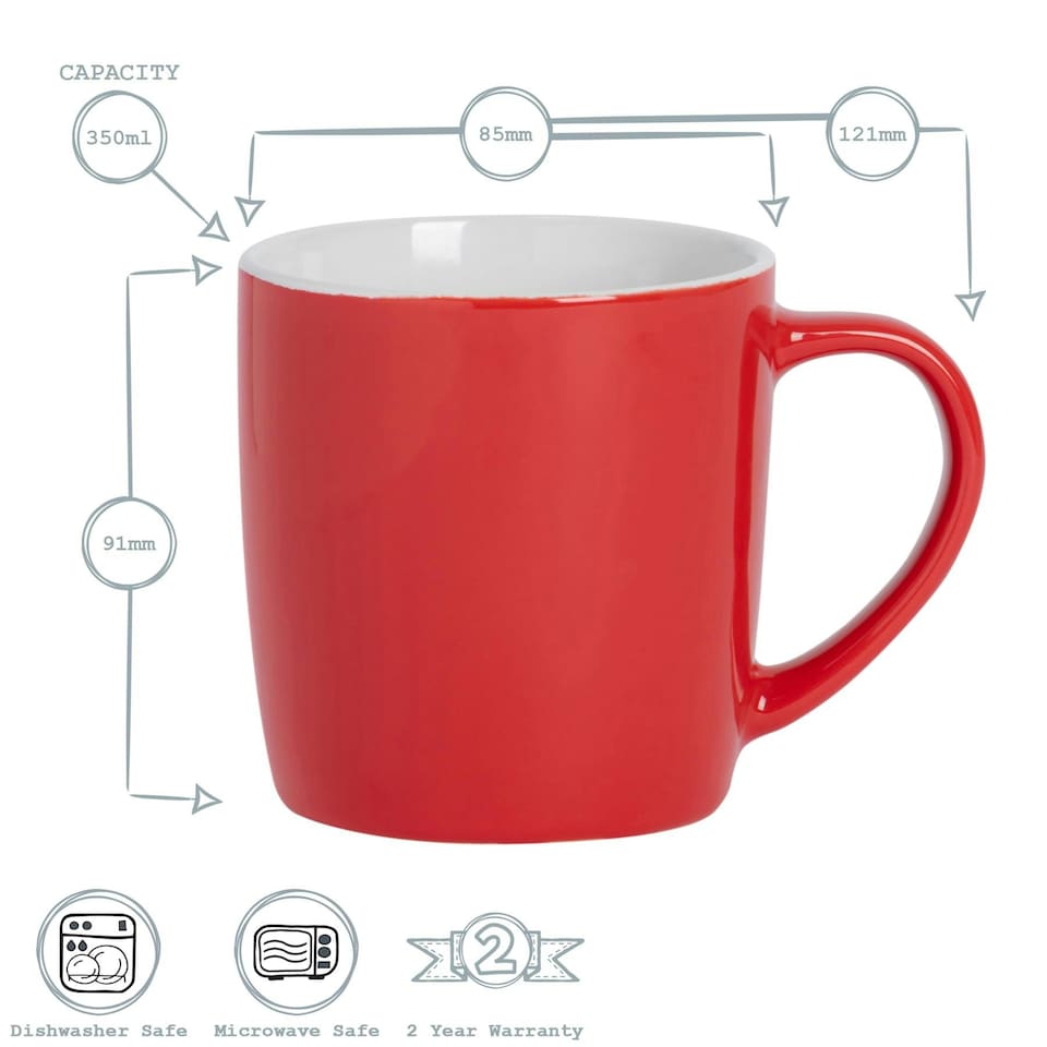 image 1 of Argon Tableware 6x Coloured Coffee Mugs - Red - 350ml - Tea Mug Latte Mug Cappuccino Mug Drinking Mug Red
