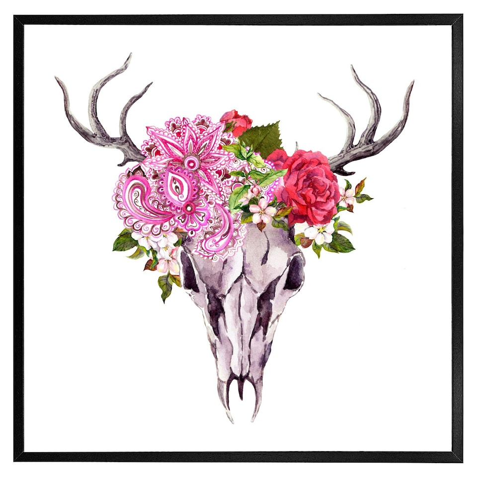 image 1 of Deer animal skull with flowers and feathers (Picutre Frame) Brown | Oak | S