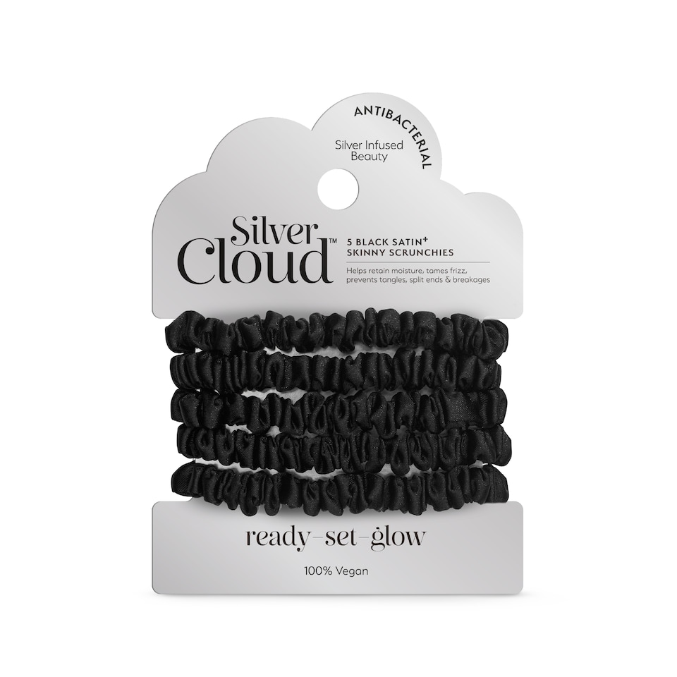 image 1 of Silver Cloud Silver Ion Infused Satin Skinny Scrunchies Black 5 Pack