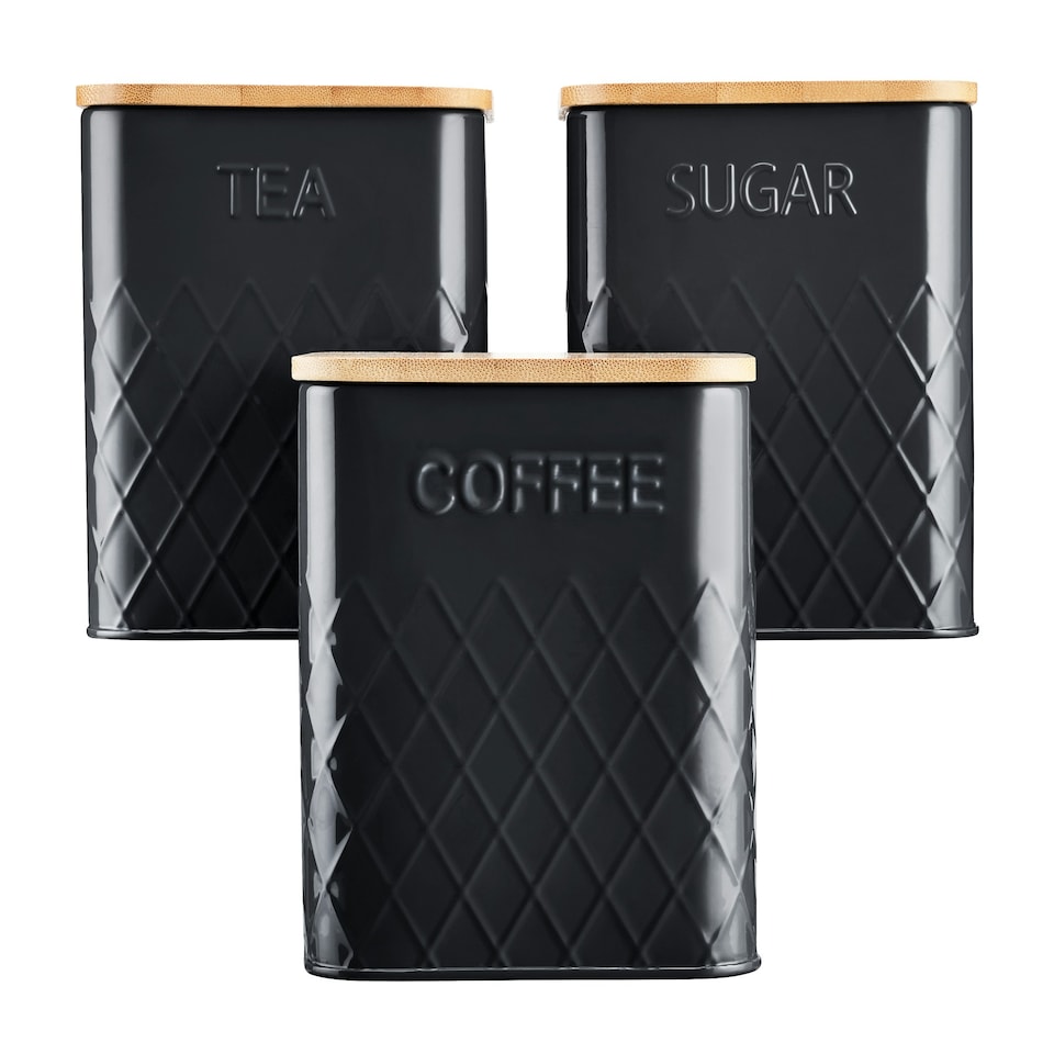 image 1 of Cooks Professional Kitchen Storage Set | 3-Piece Square with Bamboo Lids | Tea Coffee Sugar | Black