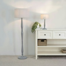 ValueLights Victoria Grey Wood Traditional Stem Table Lamp with Grey Fabric Drum Shade
