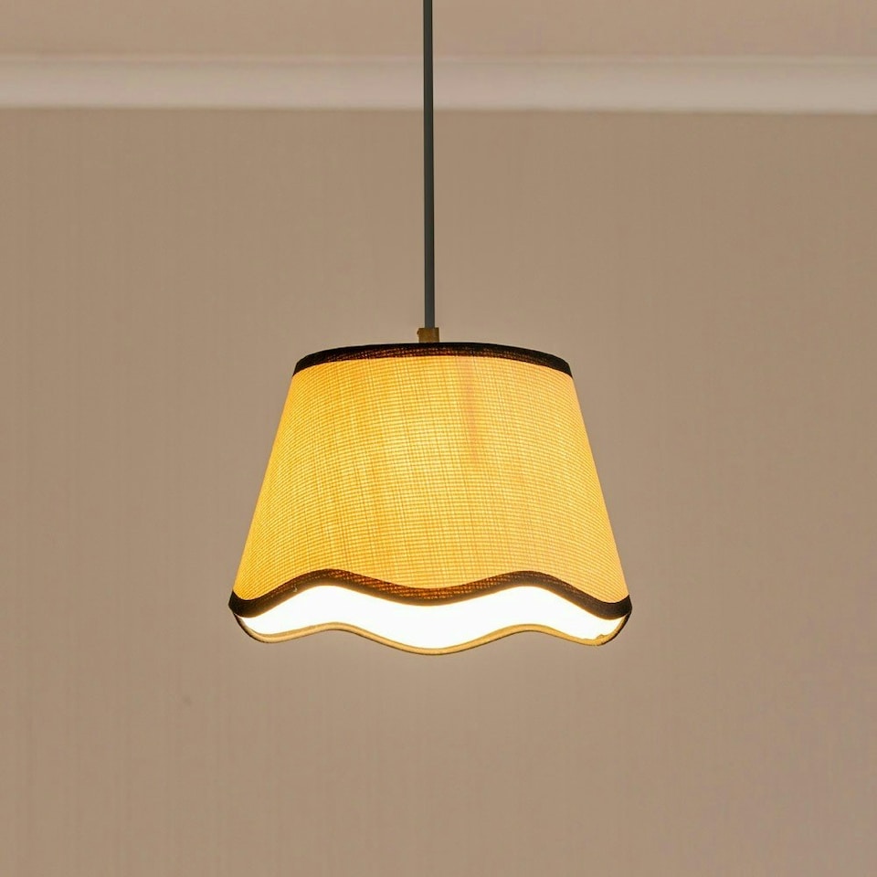 image 1 of ValueLights Dutton Natural Fabric Black Trim Scallop Edge Ceiling Floor Table Small Lamp Shade