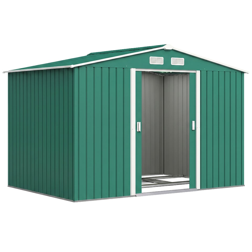image 1 of Outsunny 9 x 6FT Galvanised Garden Storage Shed with Sliding Door, Green | Green