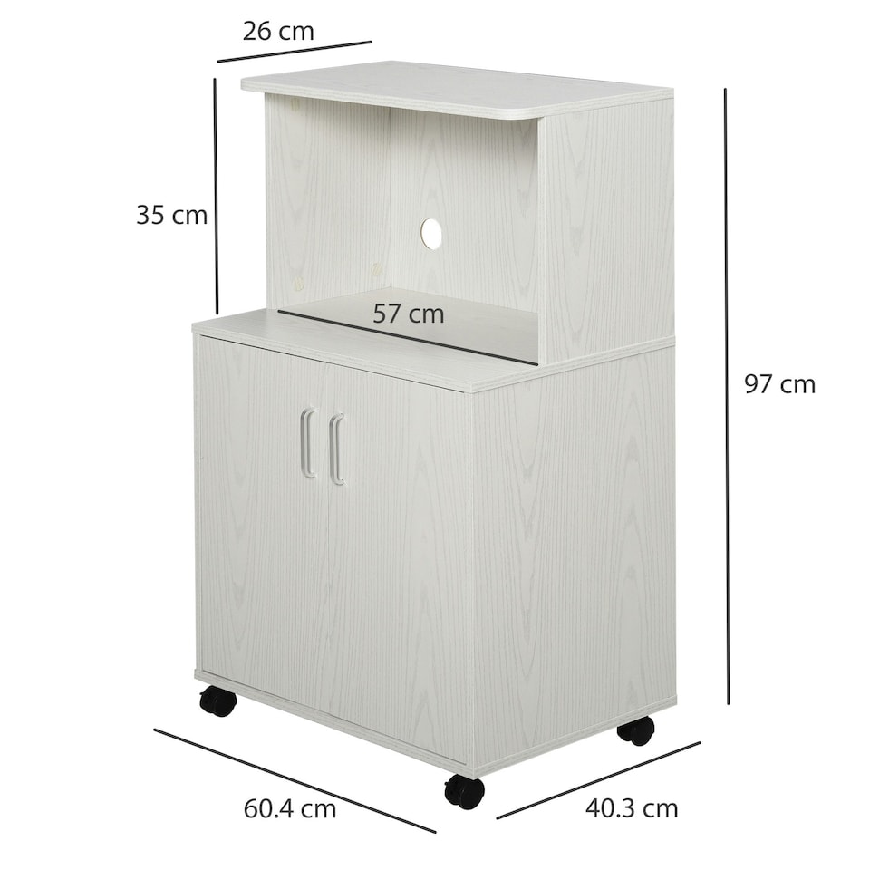 image 1 of HOMCOM Kitchen Storage Unit Microwave Cart Trolley w/ Cabinet Wheels Shelf White