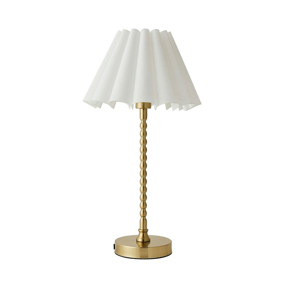 image 1 of ValueLights Maeve White Scallop Pleated Tapered Shade Brushed Gold Bobbin Bobble Table Lamp Gold