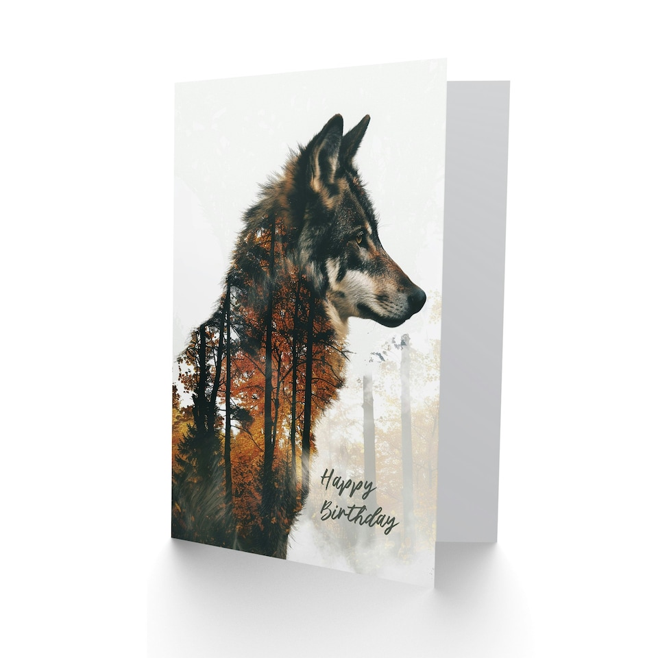 image 1 of Wolf Autumn Forest Trees Double Exposure For Him Birthday Card