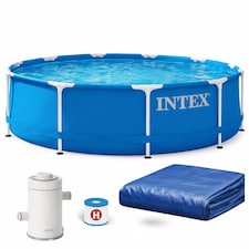 4-in-1 Intex 10 ft x 30in Metal Frame Pool Set with Filter Cartridge, Pump Pool Cover